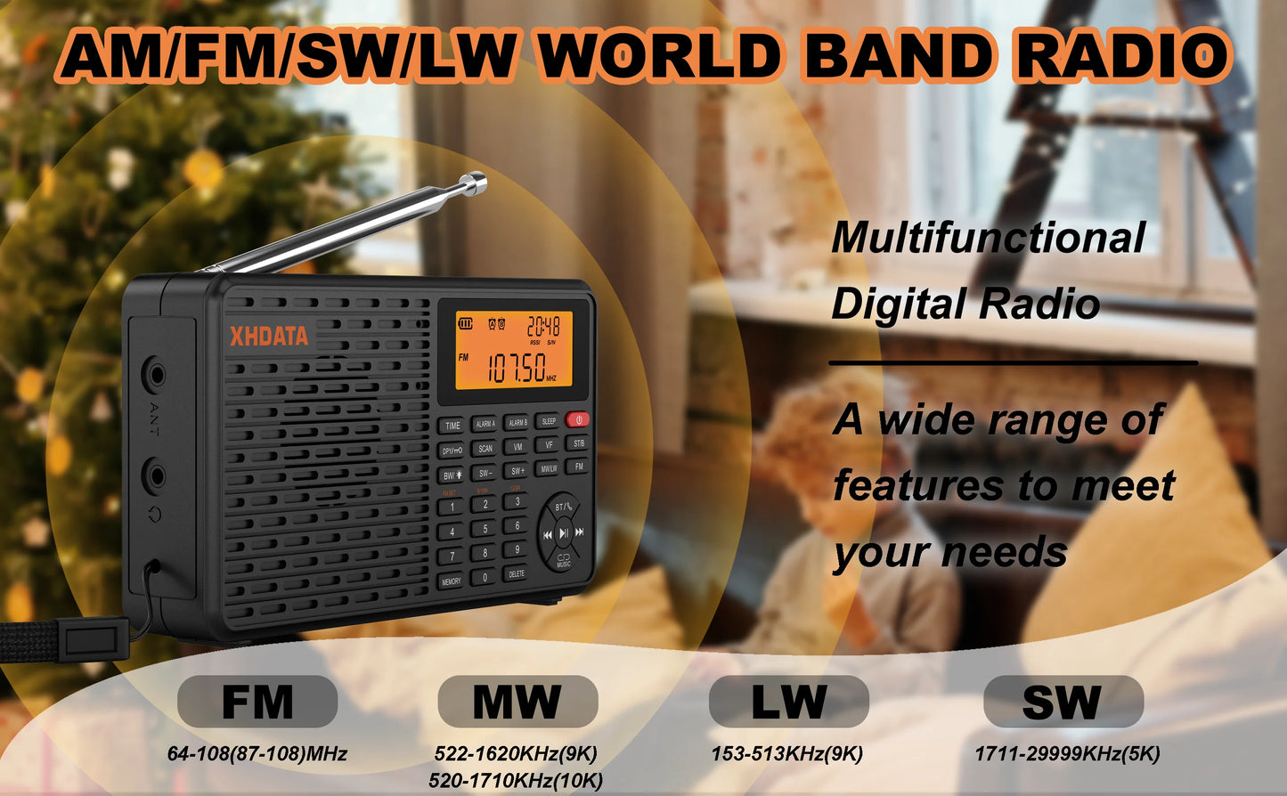 XHDATA D-109 Stereo Digital Portable Radio AM SW MW FM Radio Bluetooth Compatible Multifunctional Radio Support TF Card Player