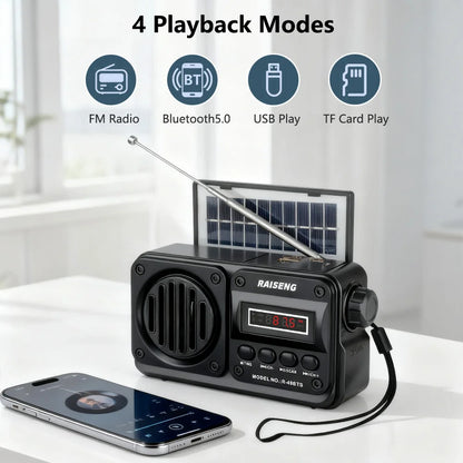 Solar Charging FM Radio Bluetooth Speaker with USB/TF MP3 Playback, Rechargeable Radio Receiver Portable Design for Home&Outdoor