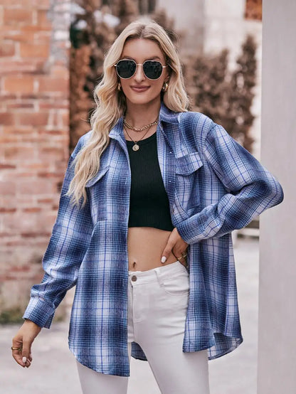 Autumn Plaid Shirt Women Long Sleeve Turn-down Collar Oversize Shirts Female Stylish Vintage Casual Blouse Ladies Chemise