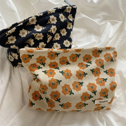 Cosmetic Bag Women Floral Makeup Case Organizer Korean Embroidery Cosmetic Pouch Travel Toiletry Bag Corduroy Canvas Beauty Case