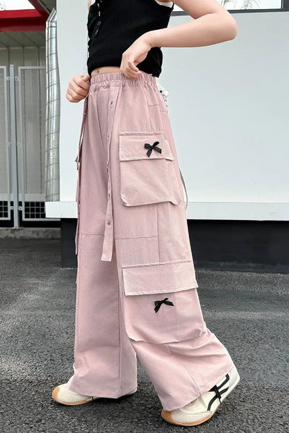 Kids Cargo Pants with Side Pocket for Tweens Girl High Fashion Hip Hop Bow Trousers Child Street  Pink Black Trackpants Hot Sell