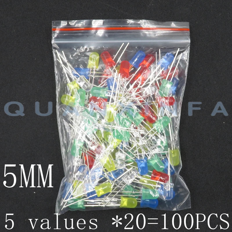 100PCS 3MM 5MM LED F3 F5 round super bright red, green, yellow, blue and white LED 20 each
