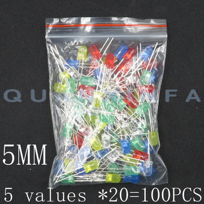 100PCS 3MM 5MM LED F3 F5 round super bright red, green, yellow, blue and white LED 20 each