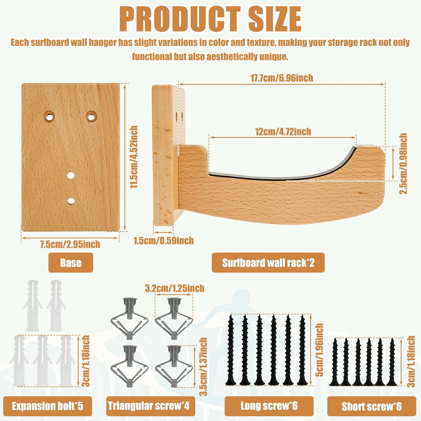 Wooden Surfboard Wall Mount Rack Surfboard Hanger with Installation Accessories Multi-role Skiing Boards Skateboard Storage Rack