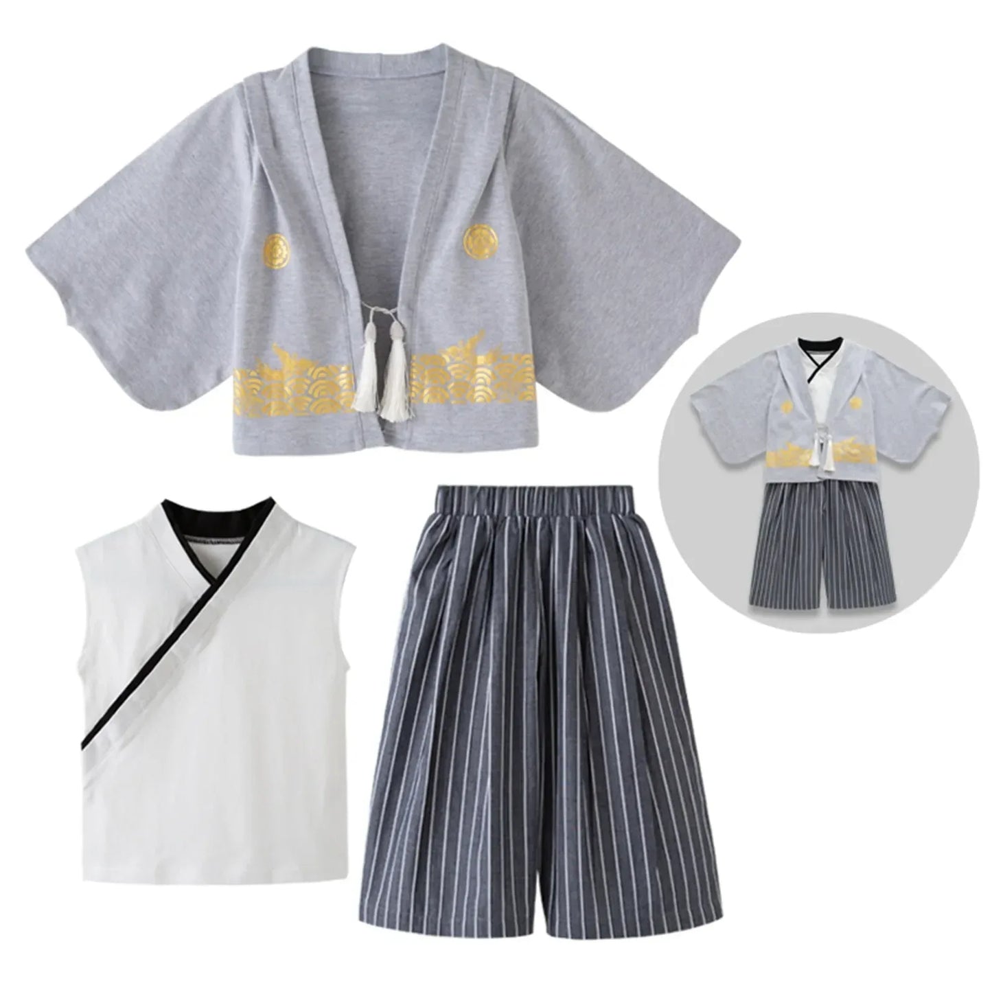 Boys' Kimono Set Traditional Jinbei Kimono For Weddings Graduations Cherry And Autumn Festivals Boys Winter Outfit