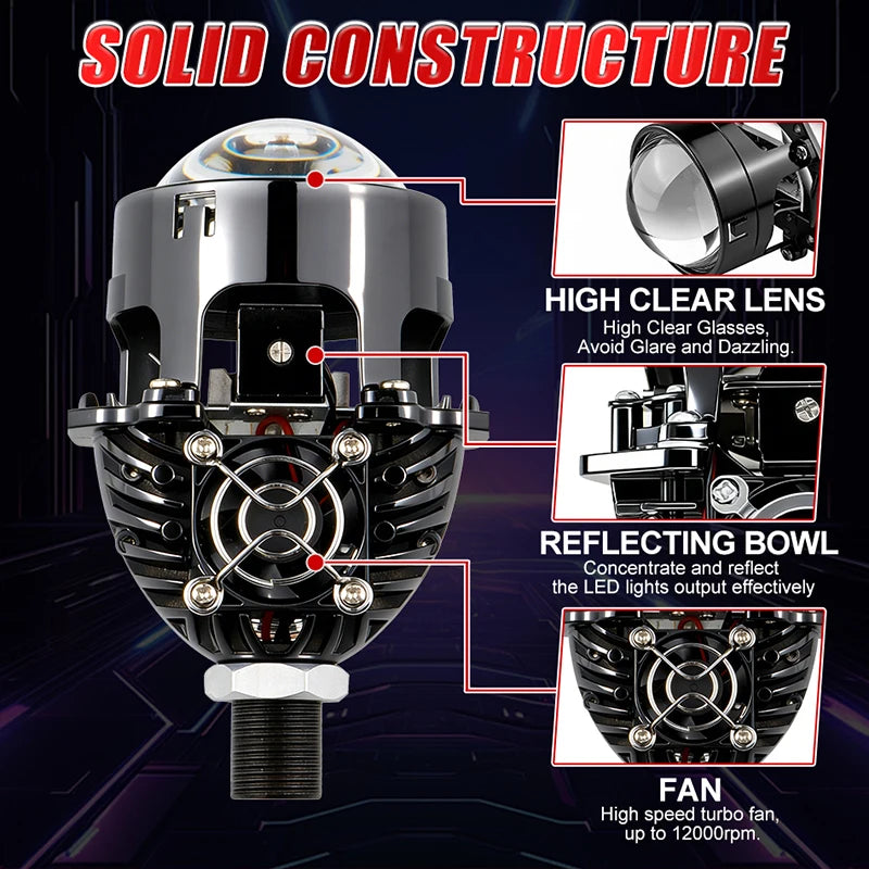 2.5 Inch Bi Led Projector Lens Led Light H4 H7 9005 9006 Car Headlight Bulb High Low Beam 6000K Diode 100W 40000LM Turbo Tuning