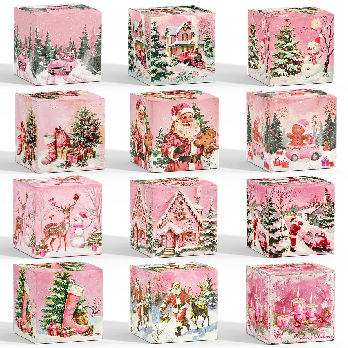 12pcs Pink Christmas Gift Bag Box Fairy Snow Scene Print Cookie Candy Bags Christmas Eve Candy Box Navidad Natal Noel Kids Gift