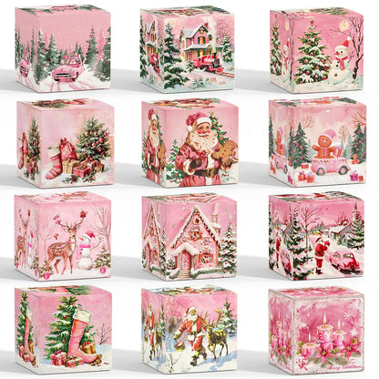 12pcs Pink Christmas Gift Bag Box Fairy Snow Scene Print Cookie Candy Bags Christmas Eve Candy Box Navidad Natal Noel Kids Gift