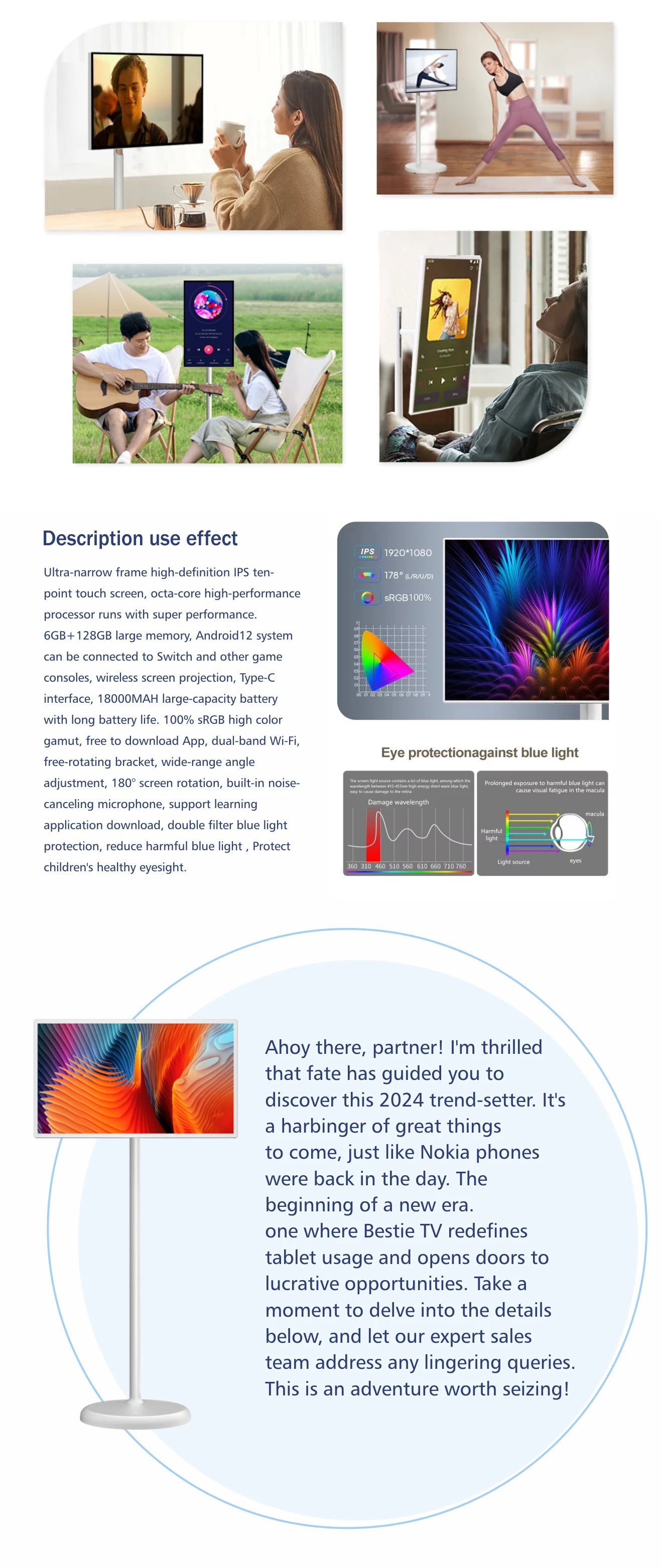 Free Standing Tv 21.5 Inch Touch Screen Portable Tv Smart Mobile Display Rechargeable 360 Rotating Tv Stand Wireless Television