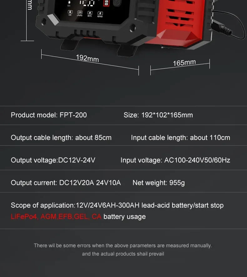 Portable 20A/10A Car Battery Charger 12V 24V Automatic Motorcycle Truck AGM LiFePO4 Lead Acid Start Stop Battery with Repair