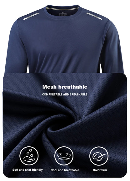 Long-Sleeved Ice Silk Breathable Running Top Round Neck Fitness Wear Quick-Drying Sports T-Shirt Thin Casual Quick-Drying
