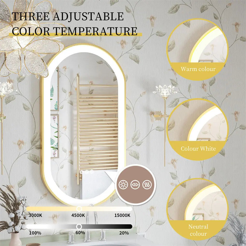 LED Bathroom Mirror Oval Illuminated Wall Mirror Aluminum Gold Frame Memory Anti-fog 3 Changeable Color, IP56 800/1000/1200MM