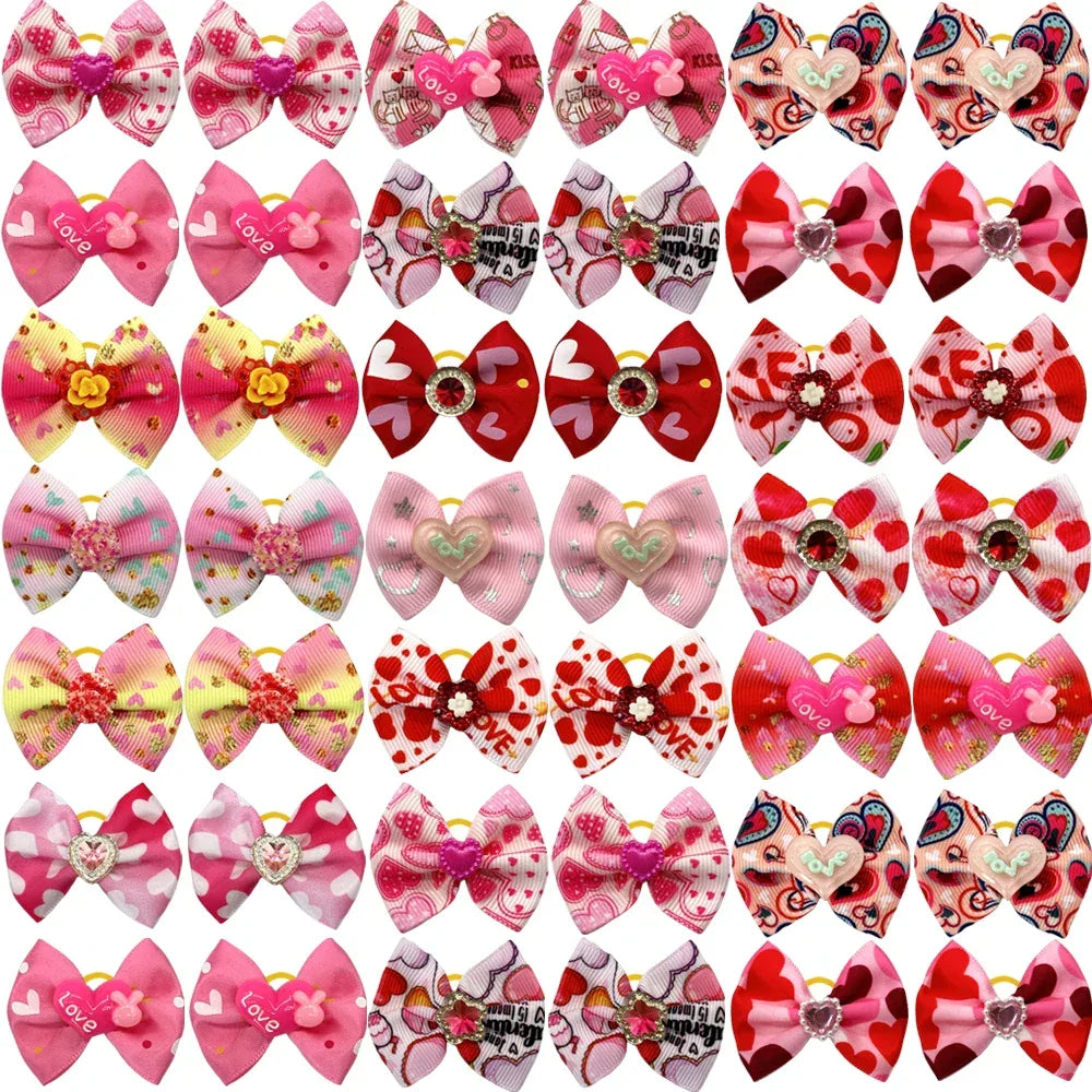 50/100pc Valentine's Day Dog Hair Accessories Diamond Dog Hair Bows Pink Love Style Pet Dog Ribbon Bow Rubber Bands Dog Supplies