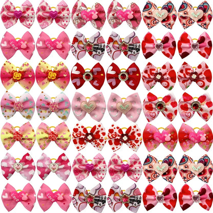 50/100pc Valentine's Day Dog Hair Accessories Diamond Dog Hair Bows Pink Love Style Pet Dog Ribbon Bow Rubber Bands Dog Supplies