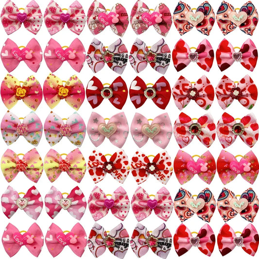 50/100pc Valentine's Day Dog Hair Accessories Diamond Dog Hair Bows Pink Love Style Pet Dog Ribbon Bow Rubber Bands Dog Supplies