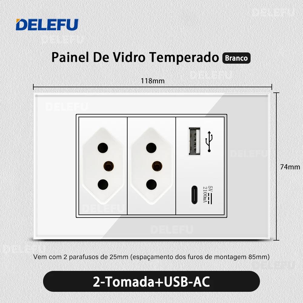 DELEFU 4*2 White Tempered Glass Brazil Standard Outlet with Double USB Type C Wall Power Socket Smart Switch Tuya Wifi 10A 20A
