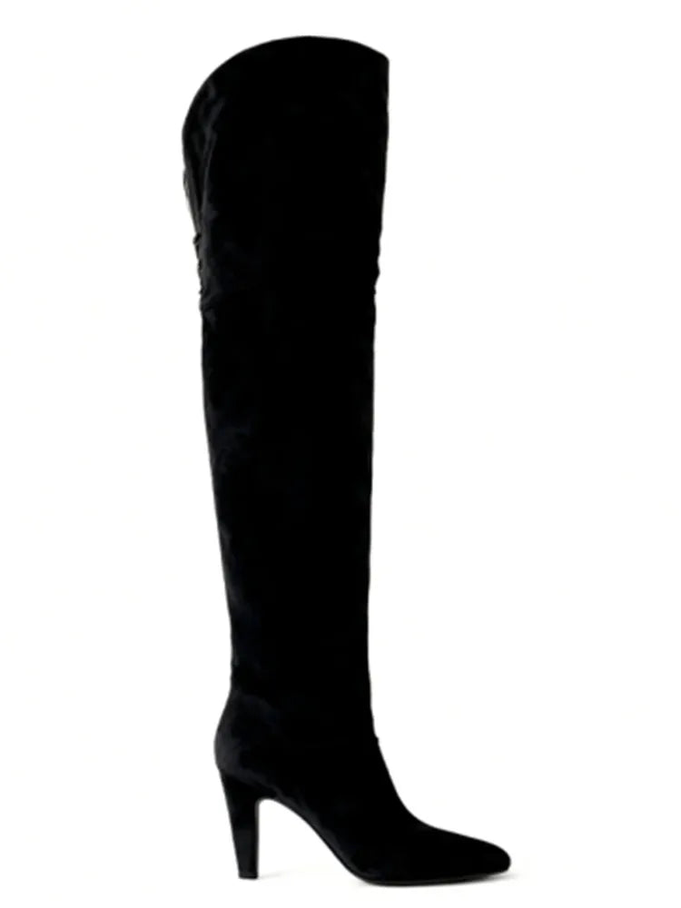 Autumn and Winter Women's Thick High-heeled Knee High Boots, Round Headed Cowhide Suede Fashionable Women's Plus Size Boots