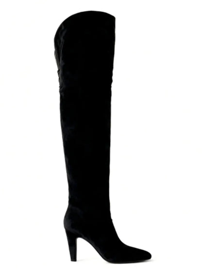 Autumn and Winter Women's Thick High-heeled Knee High Boots, Round Headed Cowhide Suede Fashionable Women's Plus Size Boots