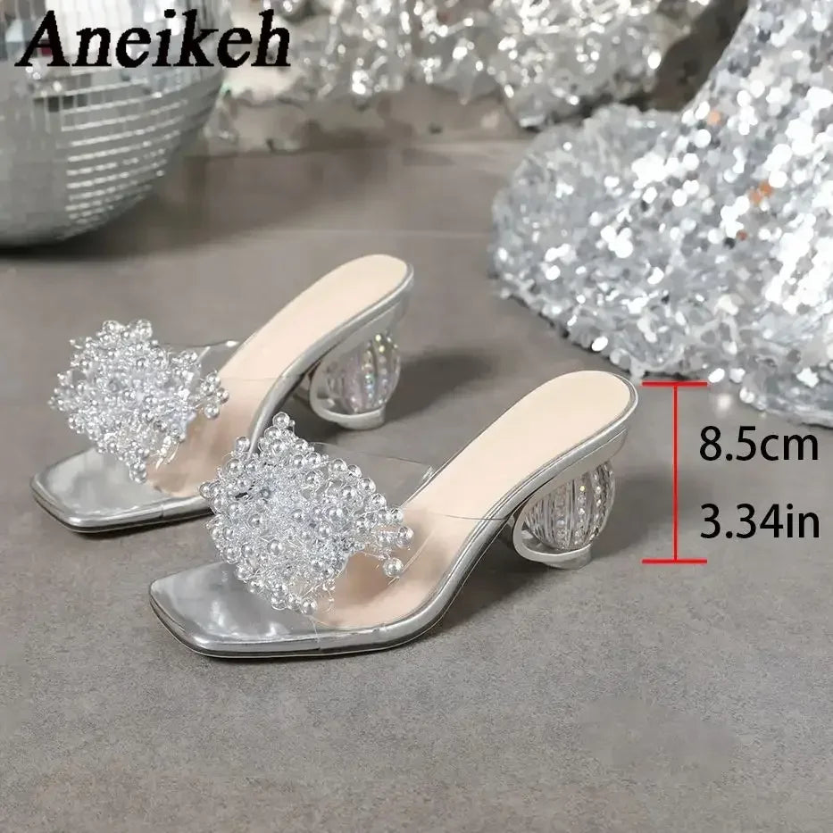 Aneikeh 2026 New Women's Water Diamond Flower Sandals with Transparent Thick Bottom Party Dress PVC Slippers Mules High Heels