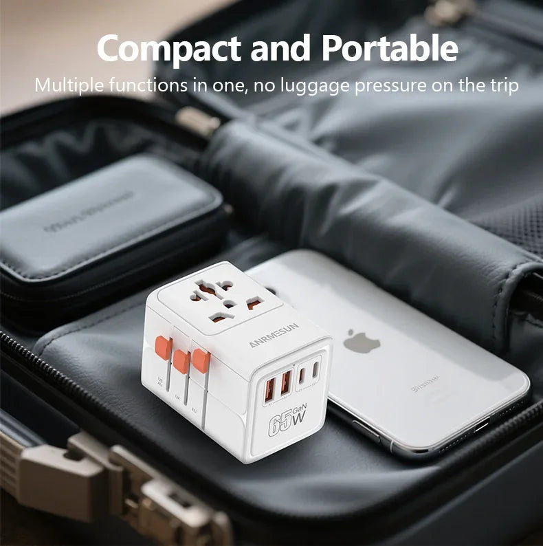 ANRMESUN 65W GaN Universal Travel Adapter with 2 USB 2 Type C Fast Charging All-in-one Travel Charger EU/UK/USA/AUS for Travel