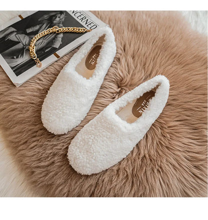 Big Size 43 Women Lambswool Slippers Winter Sheep Fur Shoes Ladies Flat Cotton Slides Home Pantuflas Daily Slip On Furry Mules