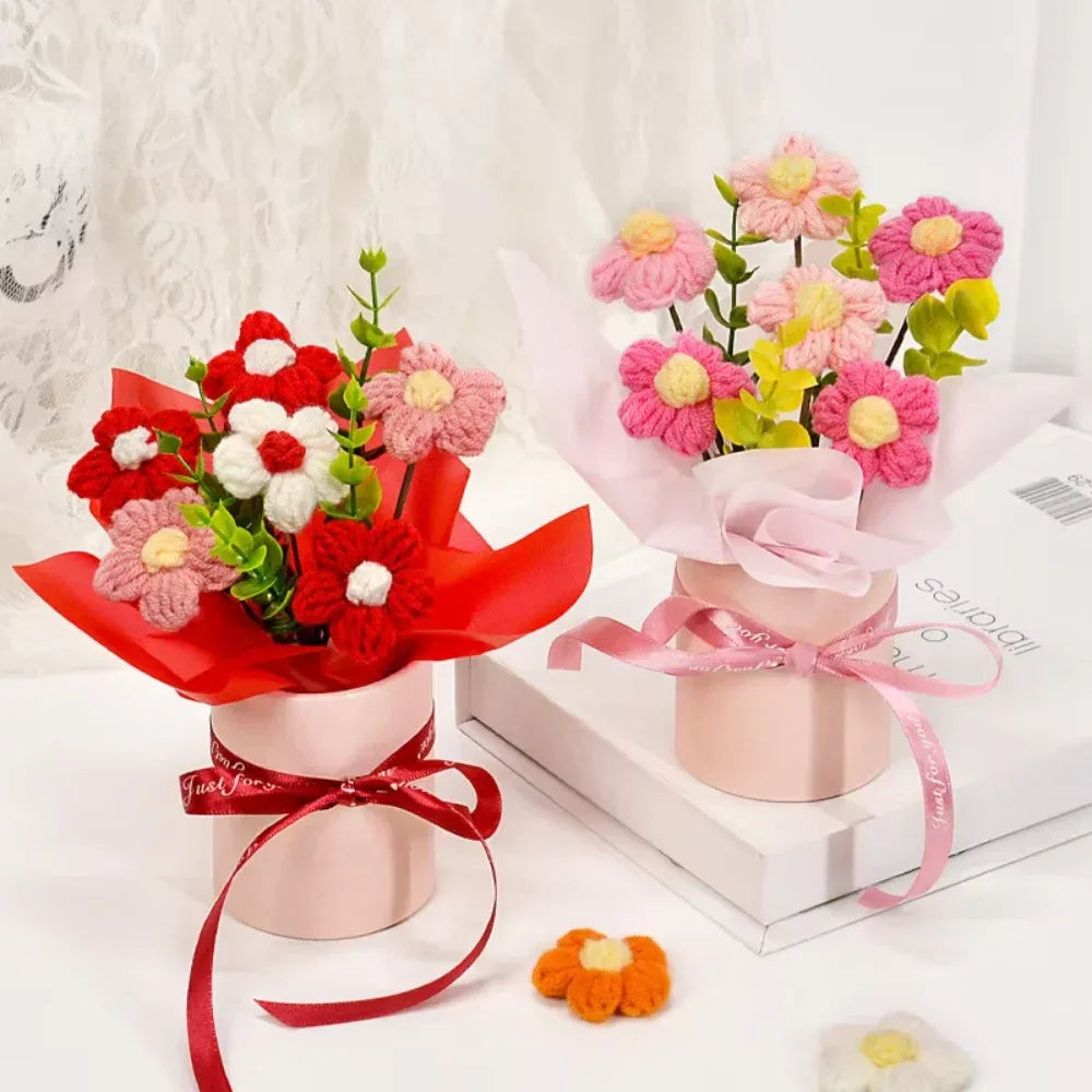 DTCTK Knitted Flower Bouquet Crochet Rose Flowers Hugging Bucket Christmas Gifts Living Room Desk Decoration Valentine's Day Gif