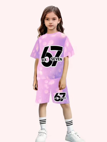 67 Six Seven Girls Clothes Cute Bows Flowers Print Girls Short Sleeve T-Shirt + Pants Set Casual Fashion Children's Clothes Tops