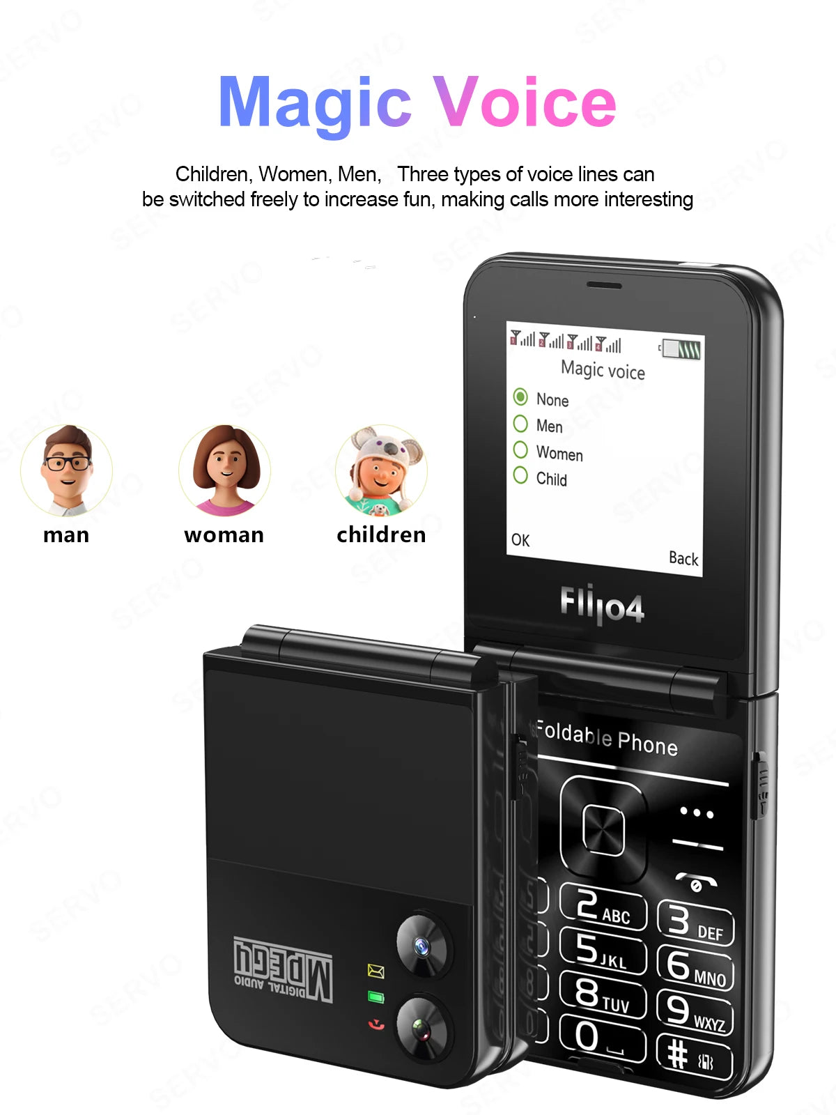 SERVO 4 SIM Fashionable Flip Cellular Phone Speed Dial Flashlight Magic Voice FM Radio 2G GSM Foldable Mobile Phone Type-C 2.6"