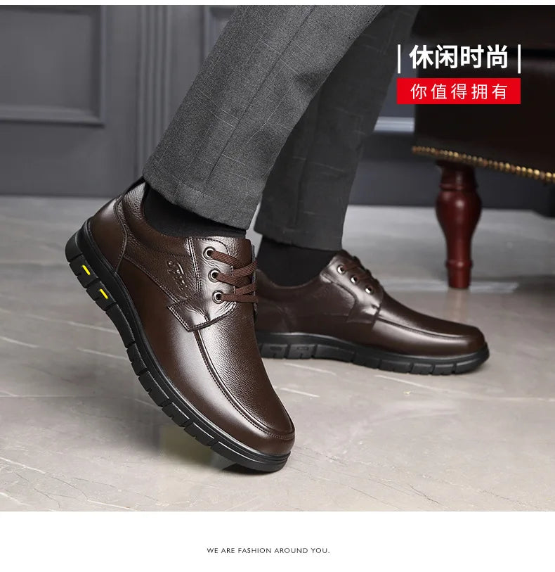 Autumn Men's Leather Shoes True Cowhide Flat Bottom Anti-Slip Plus Size Casual Elderly Father Shoes Rubber Sole China Made