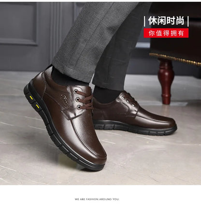 Autumn Men's Leather Shoes True Cowhide Flat Bottom Anti-Slip Plus Size Casual Elderly Father Shoes Rubber Sole China Made