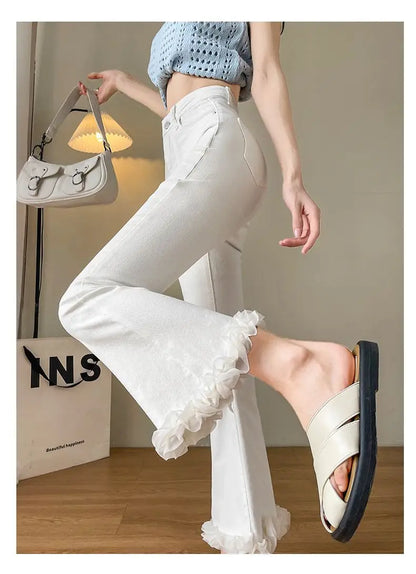 White Lace Spliced Trousers with Slightly Flared Imitation Jeans Women Autumn American Retro Small 8/9-point Flared Trousers