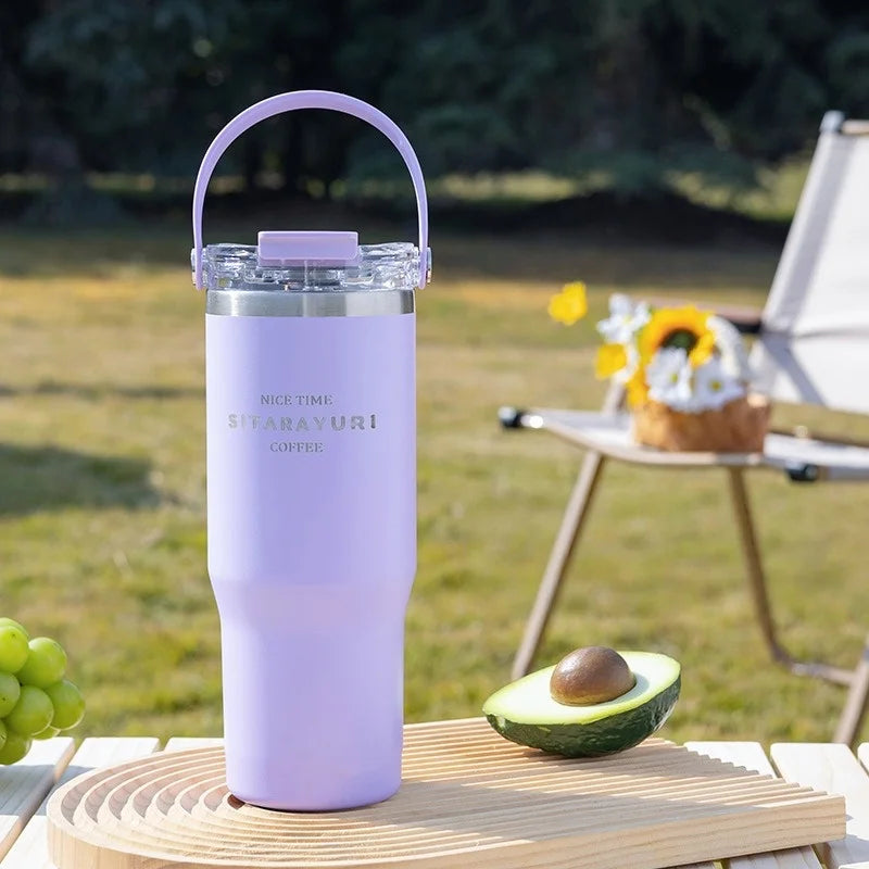 JUSTINLAU 600/900ml Insulated Cups Stainless Steel Double-drinking Thermos Cup with Handle& Straw Sports Bottle Car Ice Tumbler