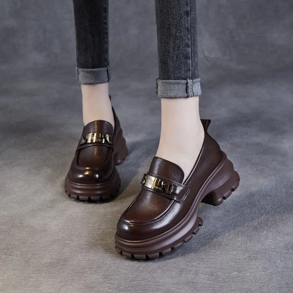 DRKANOL Women Genuine Leather Loafers 2026 Spring Autumn Thick High Heel Chunky Platform Handmade Retro Metal Trend Casual Shoes