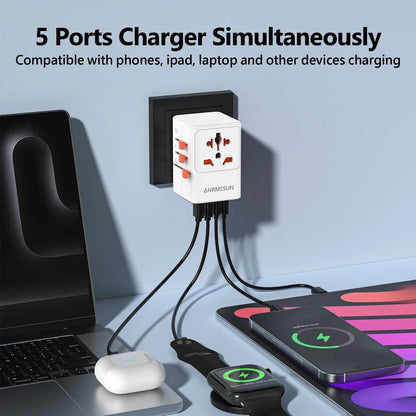 ANRMESUN 65W GaN Universal Travel Adapter with 2 USB 2 Type C Fast Charging All-in-one Travel Charger EU/UK/USA/AUS for Travel