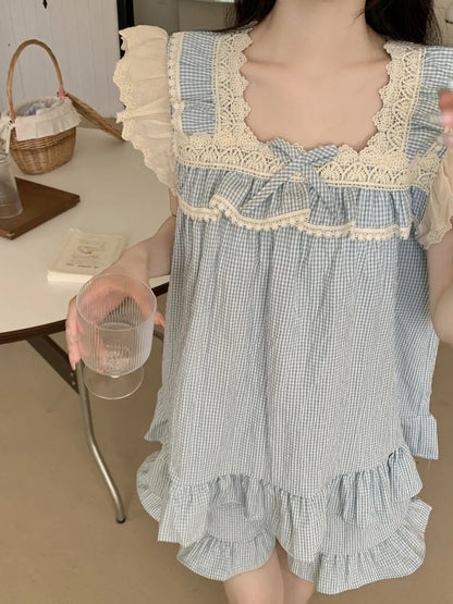 Pajama Sets Women Kawaii Tender Summer Bow Design Girlish Fashion Japanese Style Ruffles Sleepwear Home Student Casual Dormitory