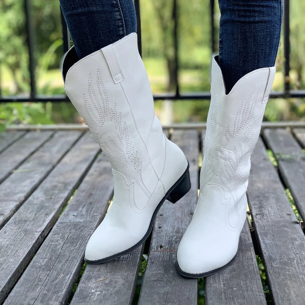 2024 Classic Embroidered Western Cowboy Boots for Women Leather Cowgirl Boots Low Heels Shoes Knee High Woman Boots Size36-43