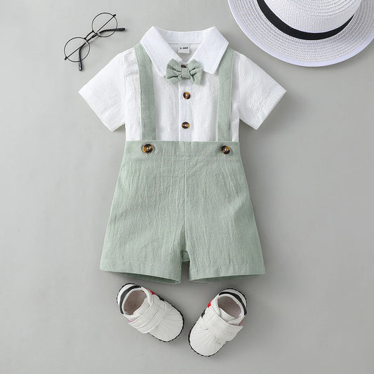 2PCS Baby Boy Gentleman Outfit Clothes Solid Color Short Sleeves shirt with Bow Tie and Overalls Shorts Set for Formal Wear Sets
