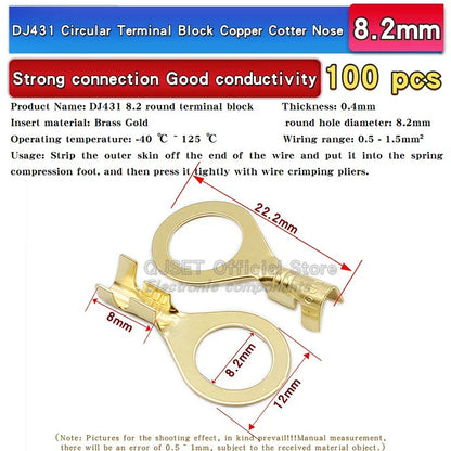 100PCS Circular Terminal Blocks DJ431 O-ring lugs Cold pressed connectors Copper lugs Terminal blocks Open ended bare ends 6.3mm