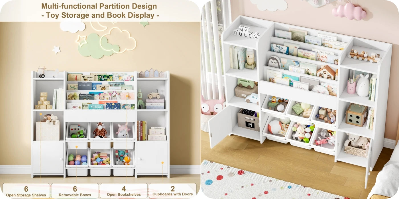 Getone Toy Storage Unit Kids Storage Unit Kids Toy Storage with 6 Removable Boxes, 4-tier Book Shelf Childrens Bookcase Kids Bookshelf Toy Organiser for Kids Room, Nursery Playroom 119x29.5x94 cm