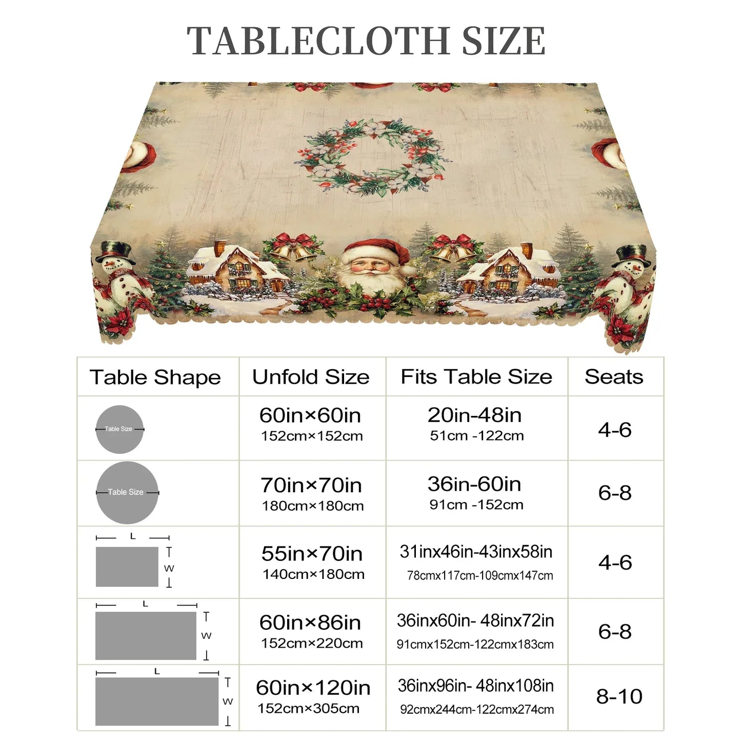 1 Piece Christmas Round and Rectangular Tablecloth, Various Sizes, Retro Santa Claus and Christmas Tree Print Design Pattern Tablecloth, Christmas Garden Tablecloth Decoration, Tablecloth for Daily Home Kitchen, Terrace, Gift