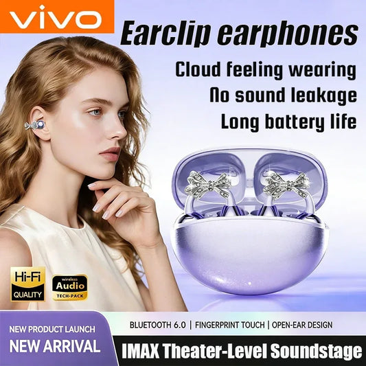 Vivo Clip-on Earbuds Wireless Bluetooth Open Ear Headphones with Detachable Crystal Bowknot Earrings For Sports Fitness Workouts