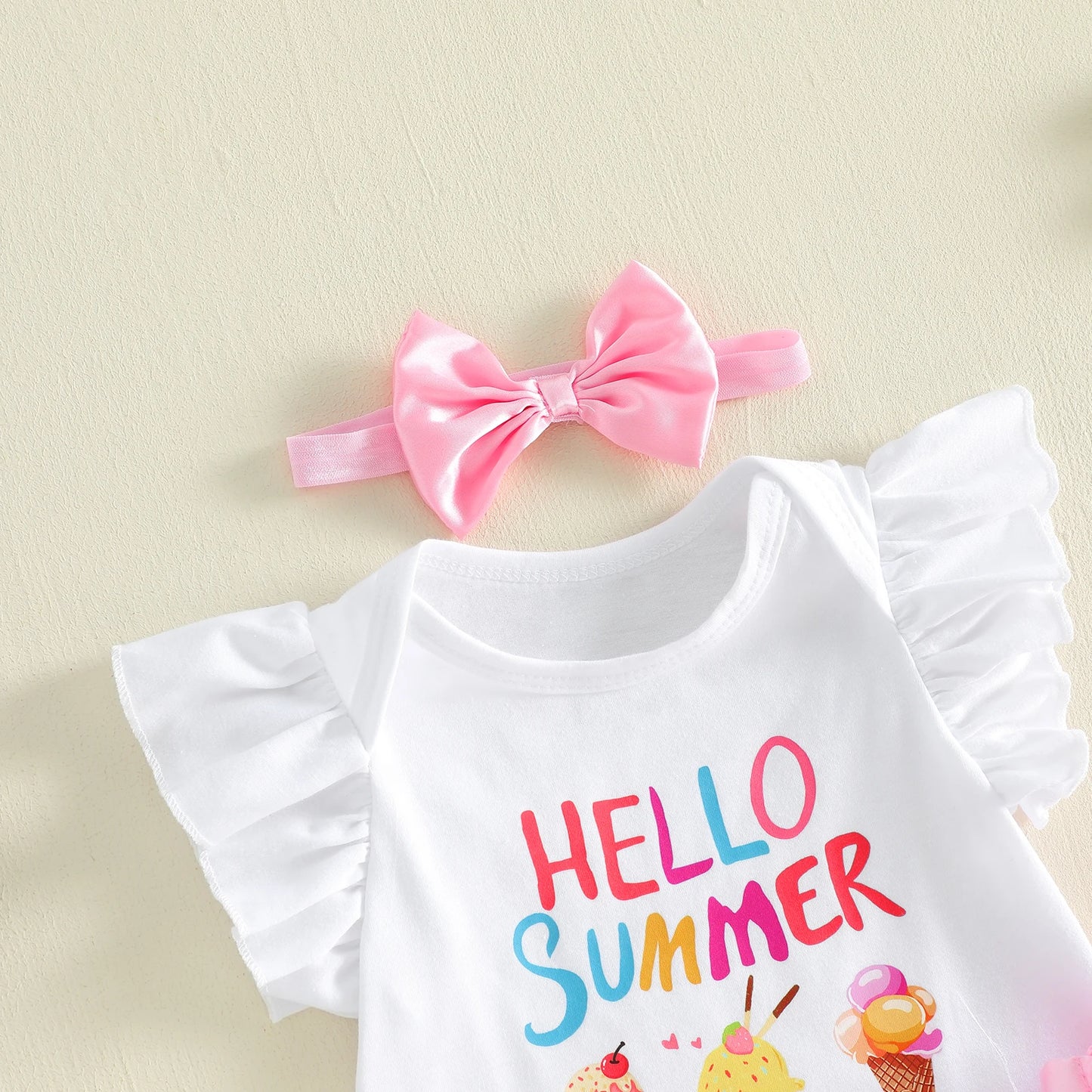 3Pcs Infant Girl Outfit Crew Neck Flying Sleeve Summer Themed Ice Cream Print Romper Tulle Skirt Headband Set