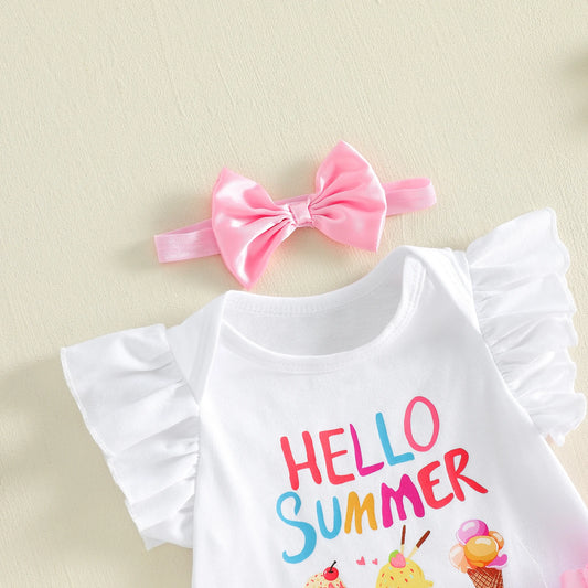 3Pcs Infant Girl Outfit Crew Neck Flying Sleeve Summer Themed Ice Cream Print Romper Tulle Skirt Headband Set