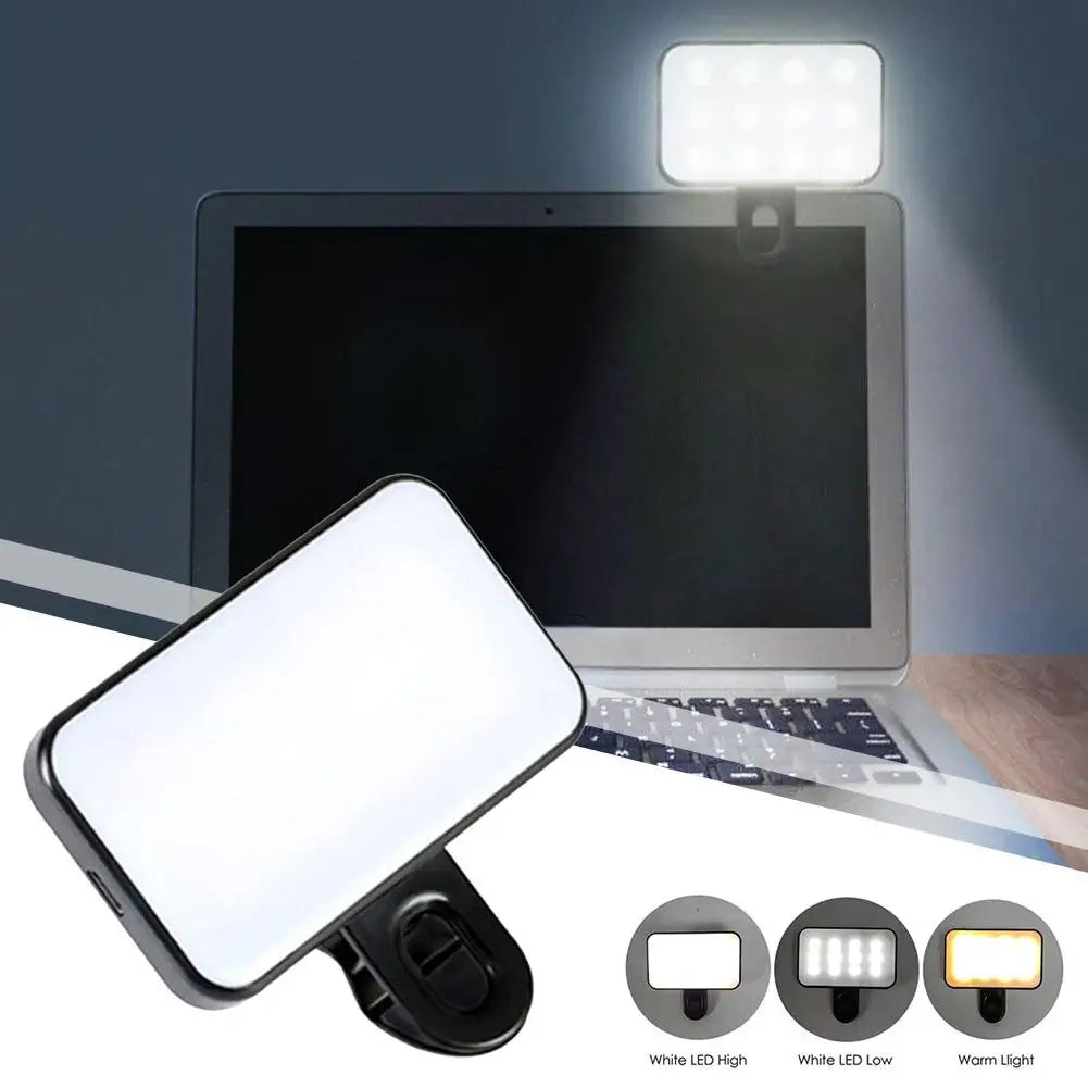 Portable LED Selfie Fill Light Rechargeable 3 Modes Adjustable Brightness Clip On For Phone Laptop Tablet Meeting Make Up Work