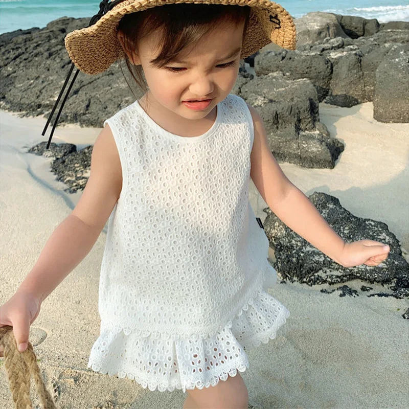 2Pcs Summer Kids Girl White Dress Sets Korean Princess Baby Sleeveless Skirt Hollow Cotton Chidlren Outfits Two Pieces Clothes