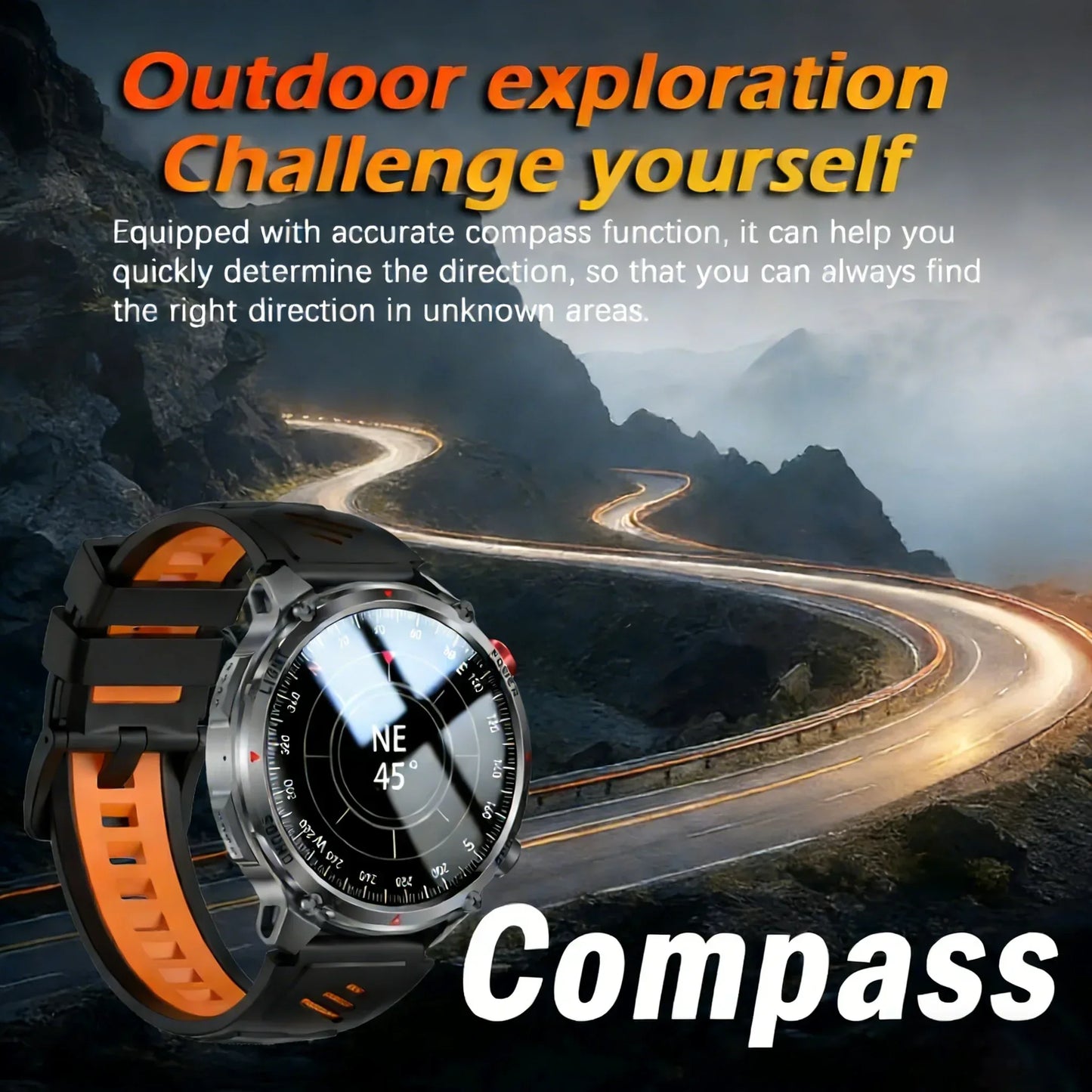 2026 Edition Military Outdoor Sports Smartwatch 1.7-inch AMOLED screen 1100 mAh battery LED flashlight Bluetooth call Waterproof