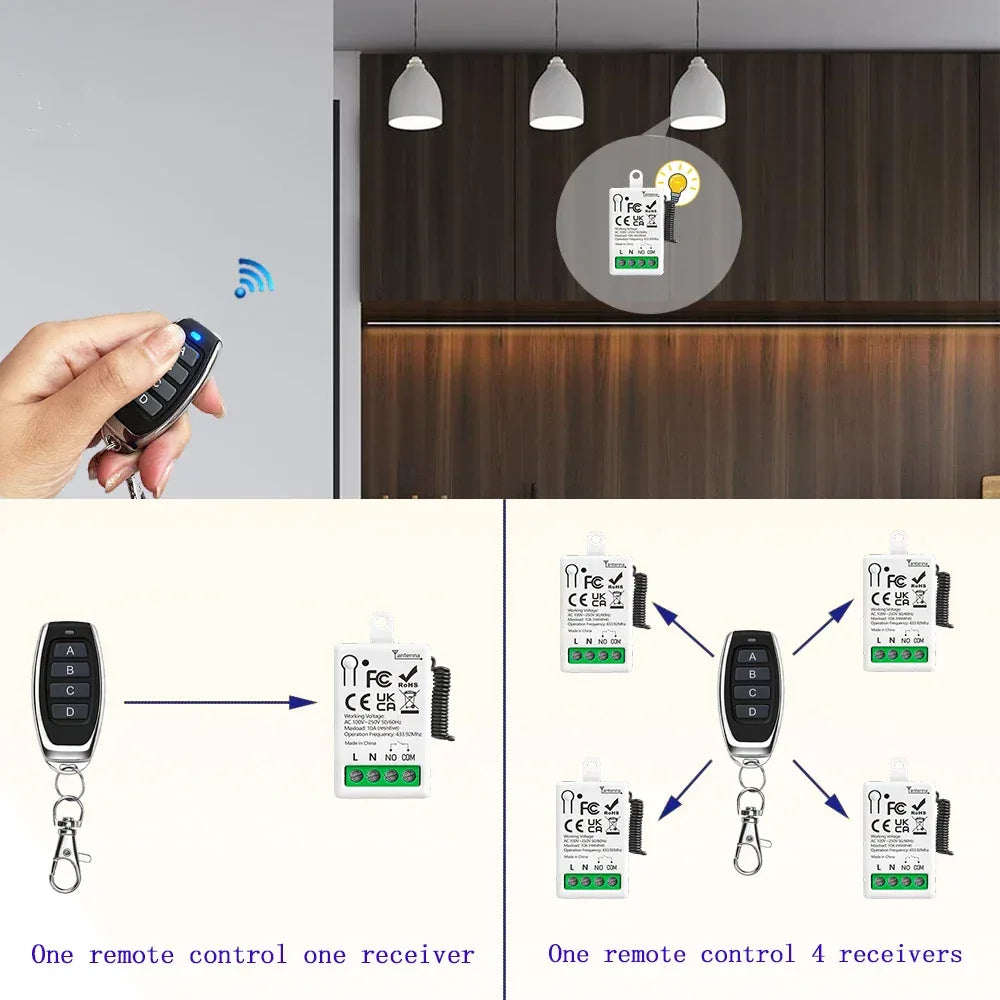 RF433MHz Dry Contact Wireless Remote Control Light Switch AC110V 220V 10A Mini Relay Module for Garage Control Lock LED DIY Lamp