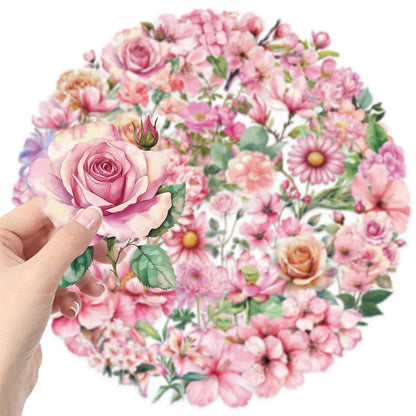 50pcs Pink Floral Stickers Flower Natural Journaling Notebook Water Bottle Decorative Decals Aesthetic Waterproof PET Sticker