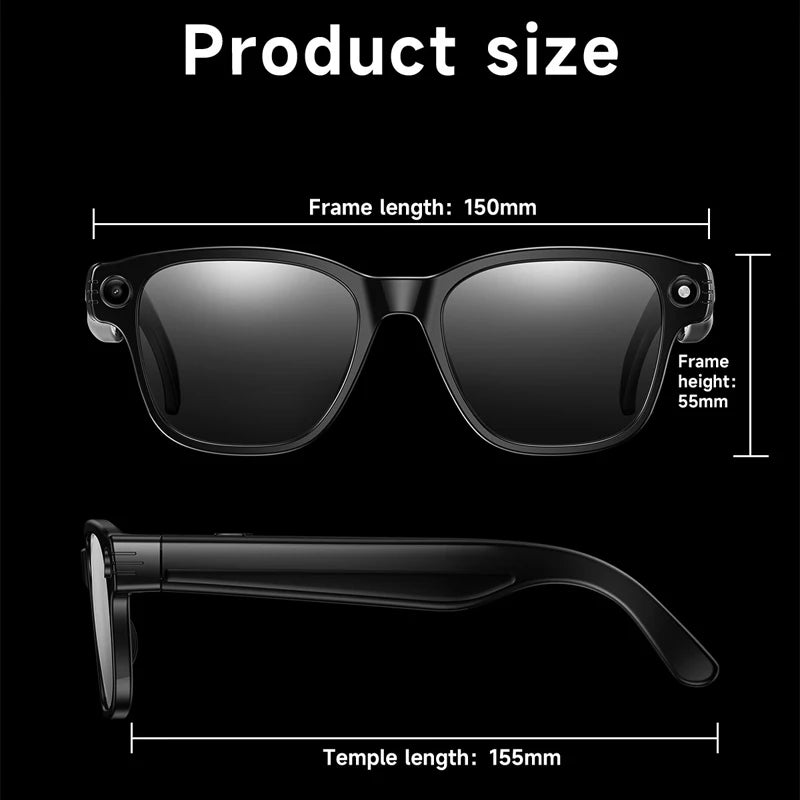 Lunettes intelligentes avec caméra HD 8Mpx, vidéo HD 1200p anti-tremblement, assistant vocal intelligent IA, traduction en temps réel et reconnaissance d'objets.