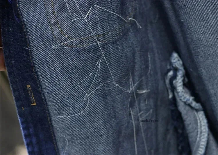 Spring Autumn Loose Vintage Flower Embroidered Denim Jacket Women Single-breasted Casual Raw Fringe Hole Jeans Jackets Female